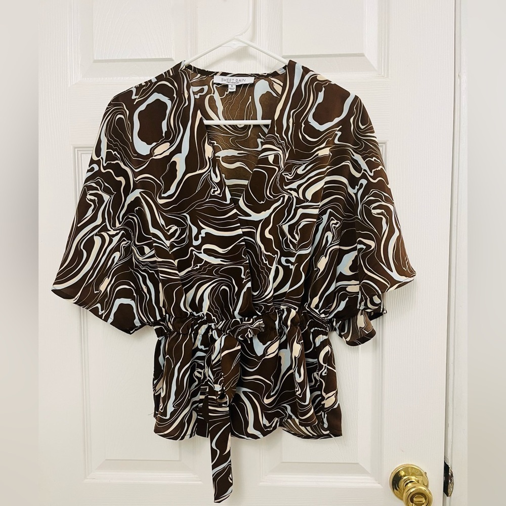 Sweet Rain Liquorish Scribble Print Top With Kimono Sleeves Brown - Picture 4 of 9